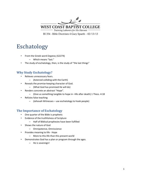 This site was developed out of a need to provide students with as many resources as possible. . Lecture notes on eschatology
